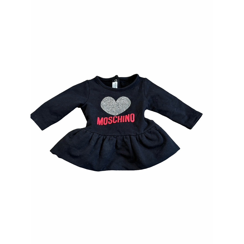 Baby Moschino Black Long Sleeve Ruffle Dress Rhinestone Heart Fleece 3/6 Months